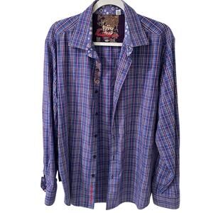 Robert Graham Plaid Classic Fit Blue Pink Cotton Long Sleeve Shirt, XL